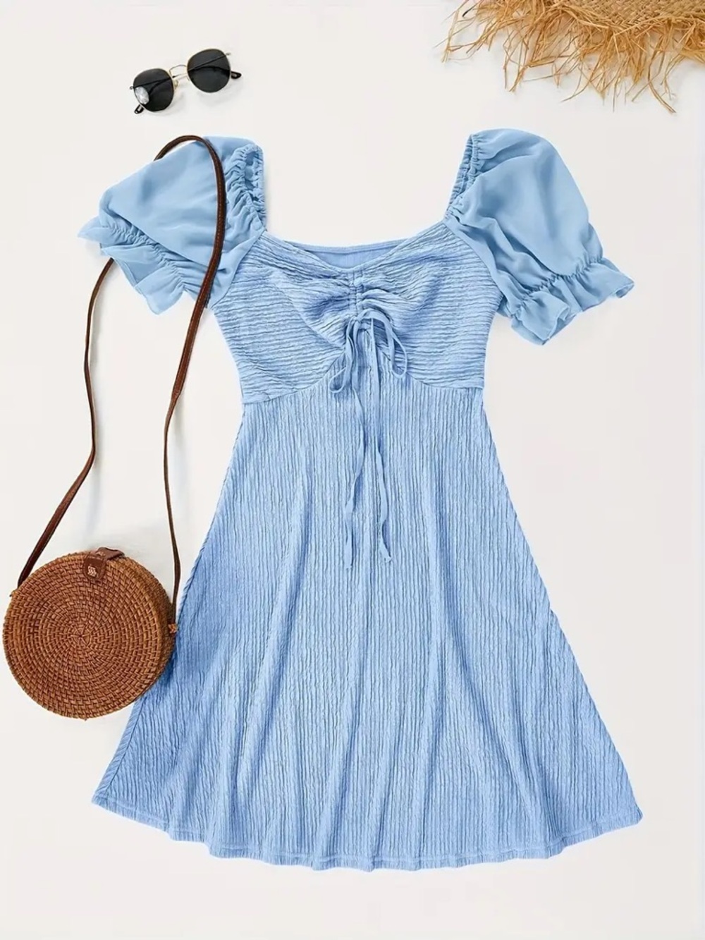 Light Blue Puff Sleeve Ruched Front Dress
